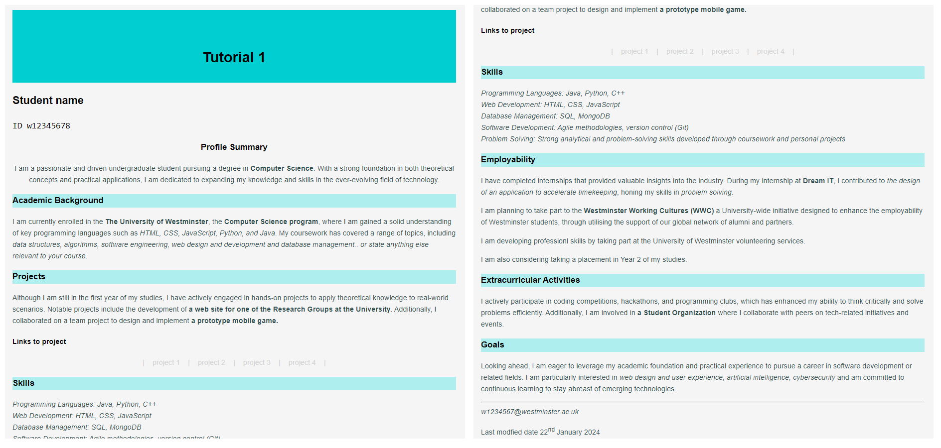 example of the page layout